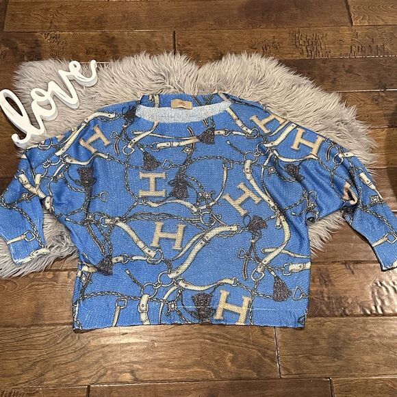 Free For Humanity Sweater Size 8 Viscose Halston Graphic Metallic Chains Italy - Picture 1 of 5